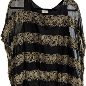 Black & Gold Lace-Striped Sheer Women’s Top